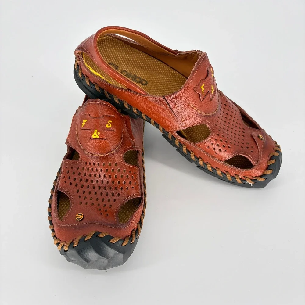 CLOHOO Mens Cognac Leather Fisherman Sandals Outdoor Walking Shoes 9917 Size 40